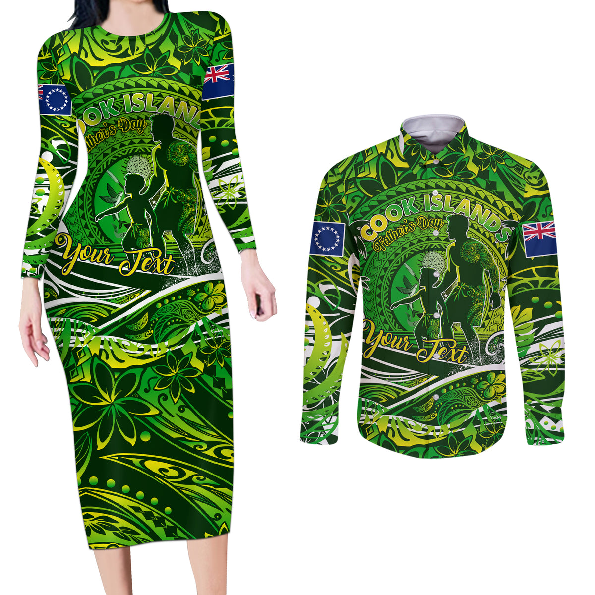 Father's Day Cook Islands Couples Matching Long Sleeve Bodycon Dress and Long Sleeve Button Shirt Special Dad Polynesia Paradise DT02 Green - Polynesian Pride