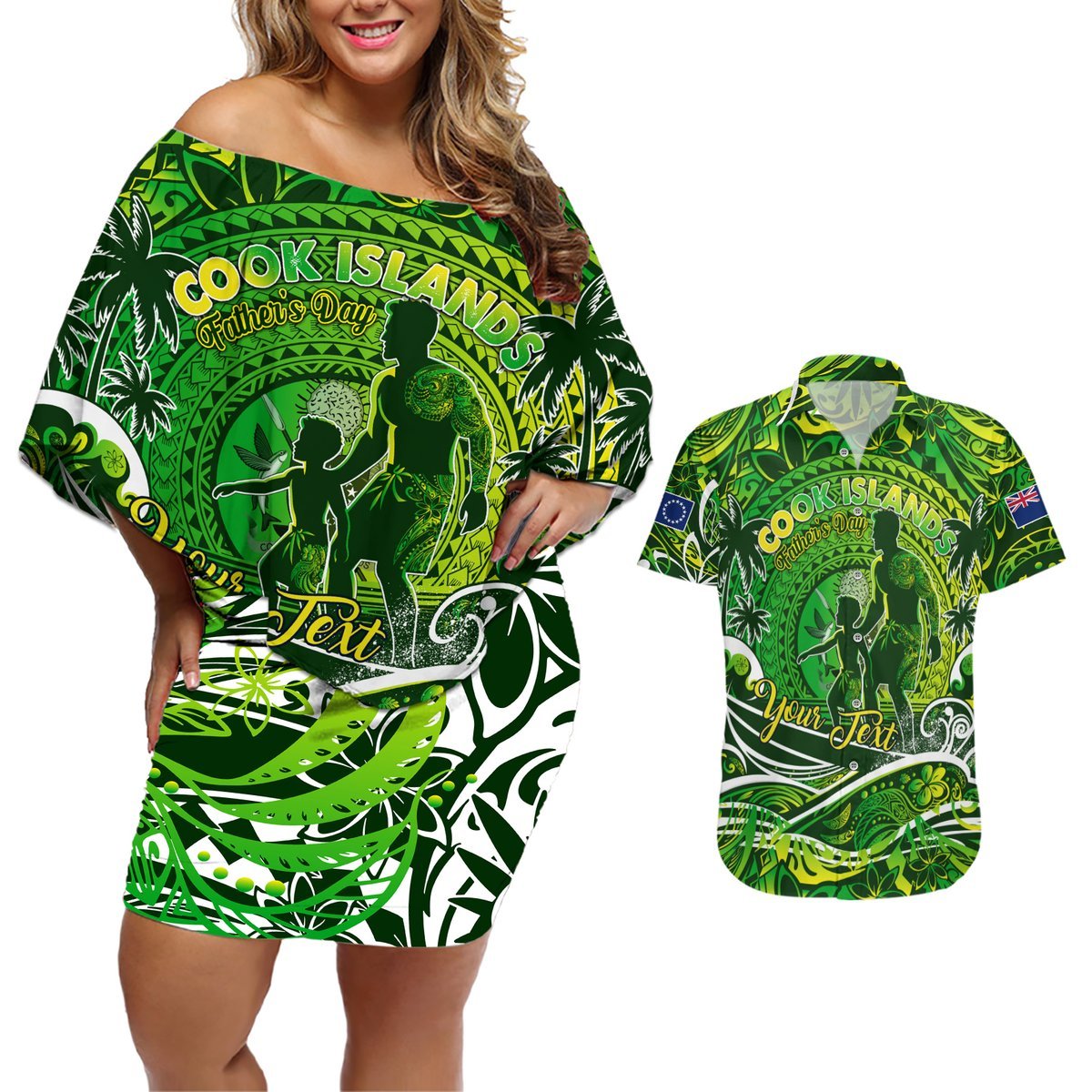 Father's Day Cook Islands Couples Matching Off Shoulder Short Dress and Hawaiian Shirt Special Dad Polynesia Paradise DT02 Green - Polynesian Pride