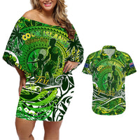 Father's Day Cook Islands Couples Matching Off Shoulder Short Dress and Hawaiian Shirt Special Dad Polynesia Paradise DT02 Green - Polynesian Pride