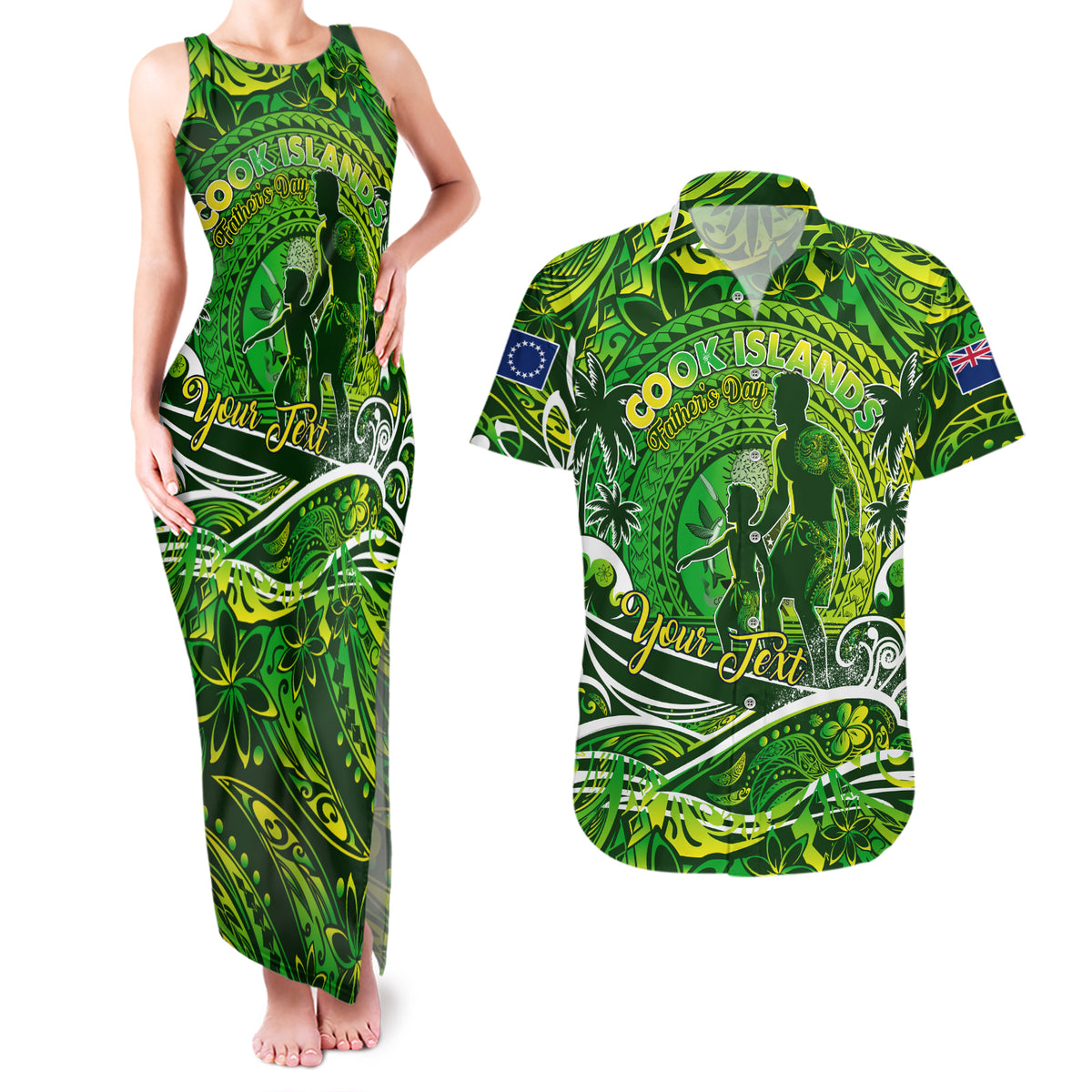 Father's Day Cook Islands Couples Matching Tank Maxi Dress and Hawaiian Shirt Special Dad Polynesia Paradise DT02 Green - Polynesian Pride