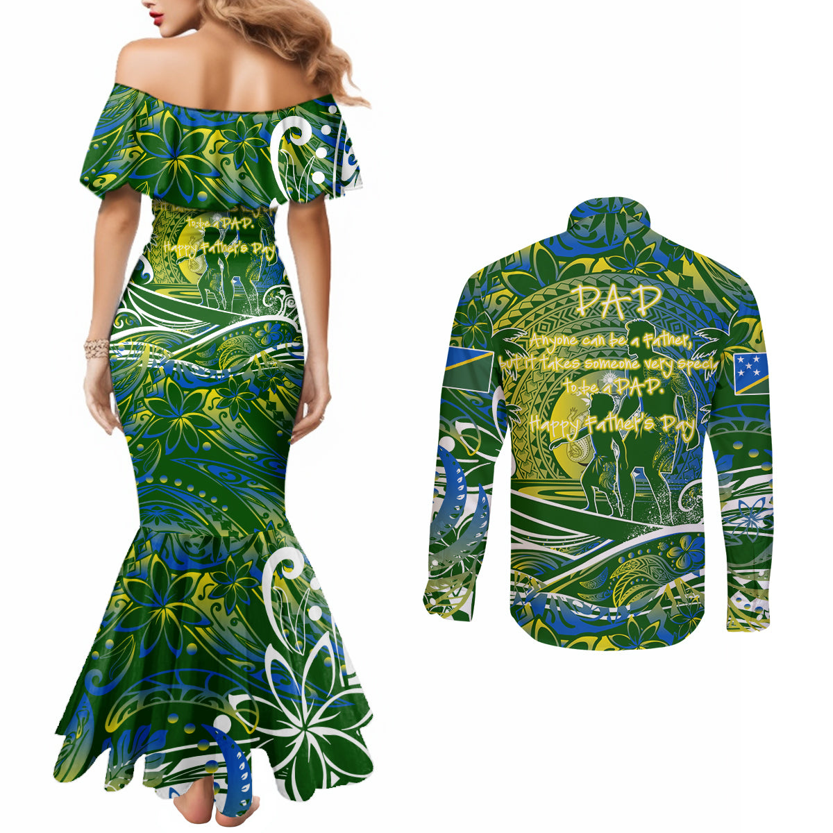 Father's Day Solomon Islands Couples Matching Mermaid Dress and Long Sleeve Button Shirt Special Dad Polynesia Paradise