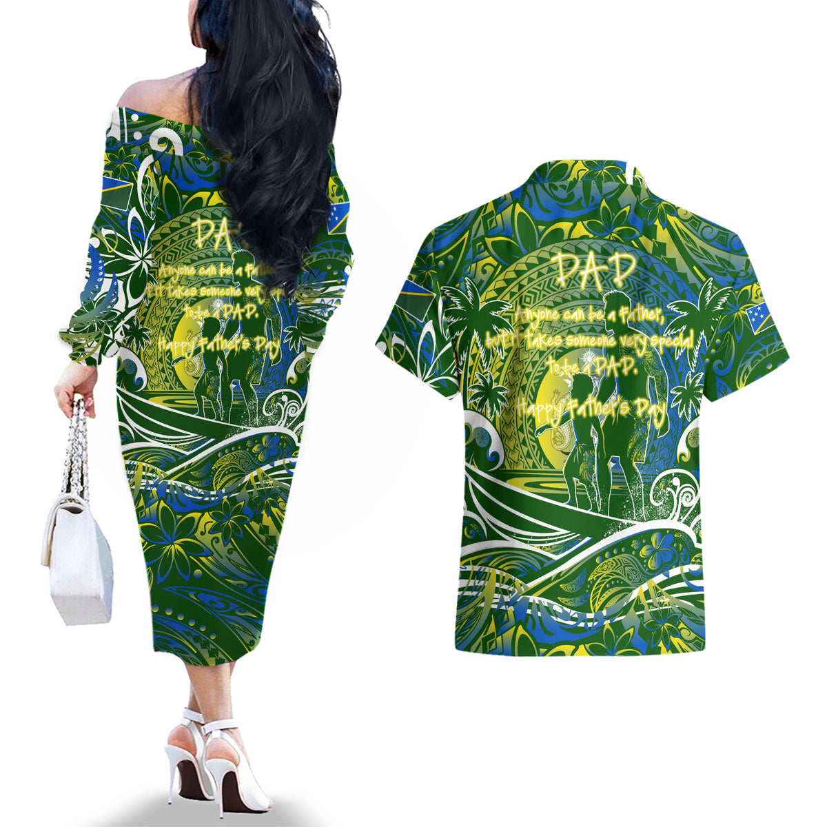 Father's Day Solomon Islands Couples Matching Off The Shoulder Long Sleeve Dress and Hawaiian Shirt Special Dad Polynesia Paradise