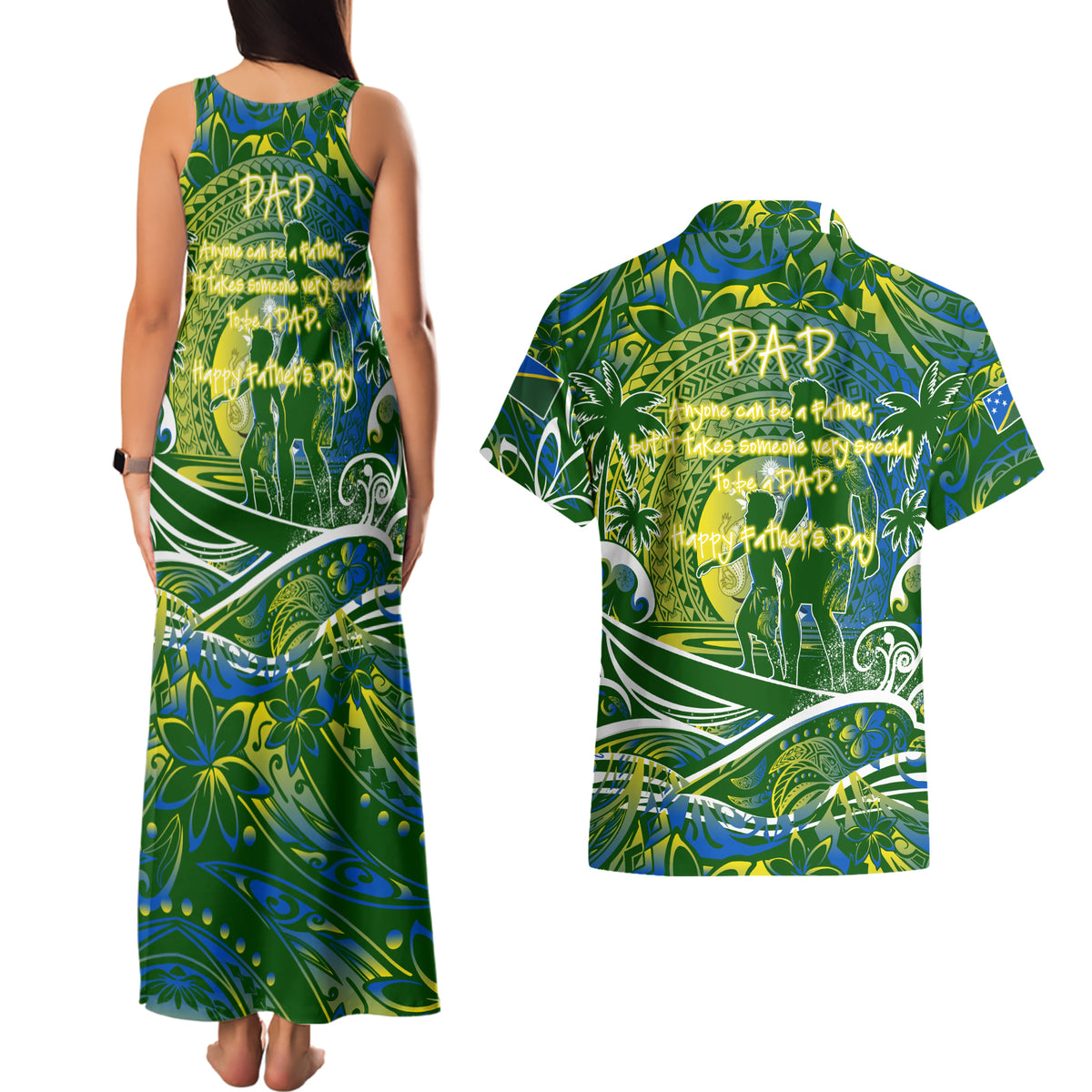 Father's Day Solomon Islands Couples Matching Tank Maxi Dress and Hawaiian Shirt Special Dad Polynesia Paradise