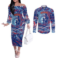 Father's Day Guam Couples Matching Off The Shoulder Long Sleeve Dress and Long Sleeve Button Shirt Special Dad Polynesia Paradise DT02 Blue - Polynesian Pride