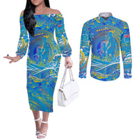 Father's Day Tuvalu Couples Matching Off The Shoulder Long Sleeve Dress and Long Sleeve Button Shirt Special Dad Polynesia Paradise DT02 Blue - Polynesian Pride