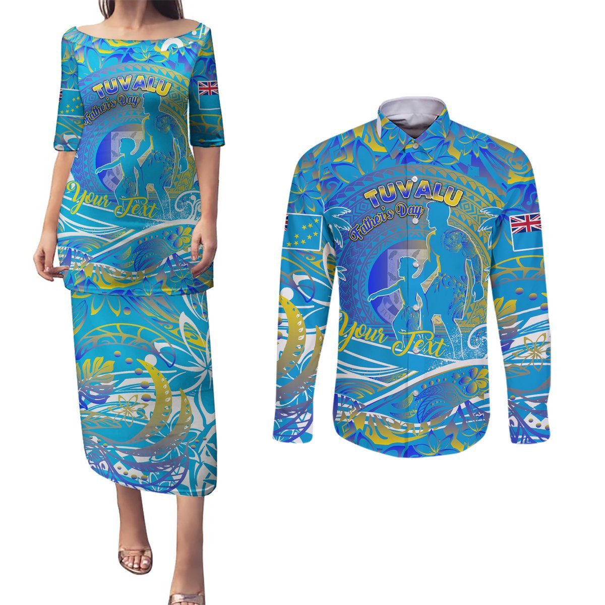 Father's Day Tuvalu Couples Matching Puletasi and Long Sleeve Button Shirt Special Dad Polynesia Paradise DT02 Blue - Polynesian Pride