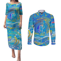 Father's Day Tuvalu Couples Matching Puletasi and Long Sleeve Button Shirt Special Dad Polynesia Paradise DT02 Blue - Polynesian Pride
