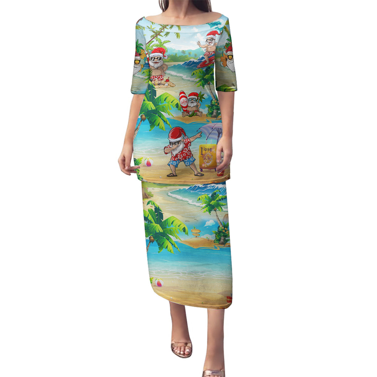 Guam Christmas Family Matching Puletasi Dress and Hawaiian Shirt Santa Claus Beach and Wave DT02 Mom's Dress Art - Polynesian Pride