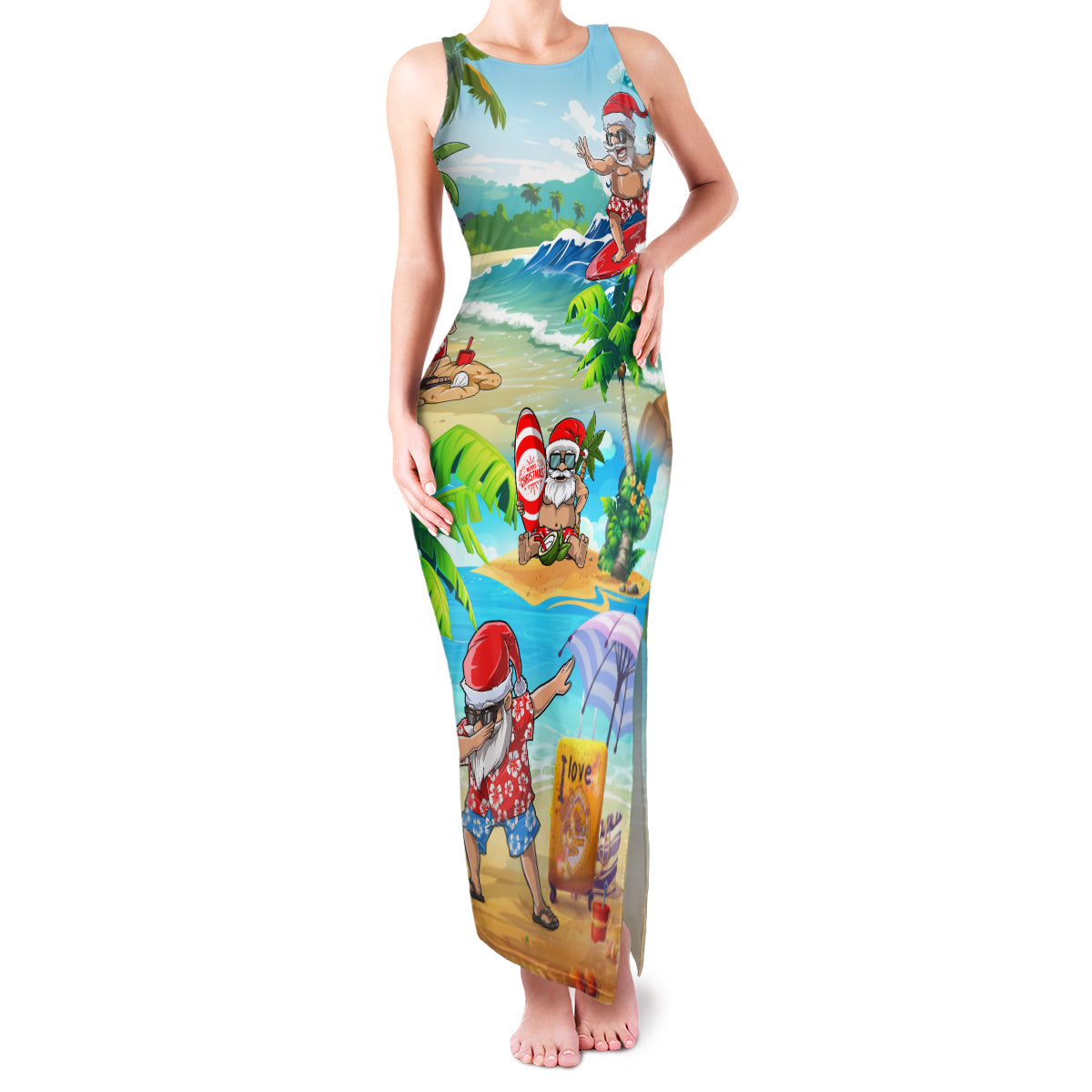 Guam Christmas Family Matching Tank Maxi Dress and Hawaiian Shirt Santa Claus Beach and Wave DT02 Mom's Dress Art - Polynesian Pride