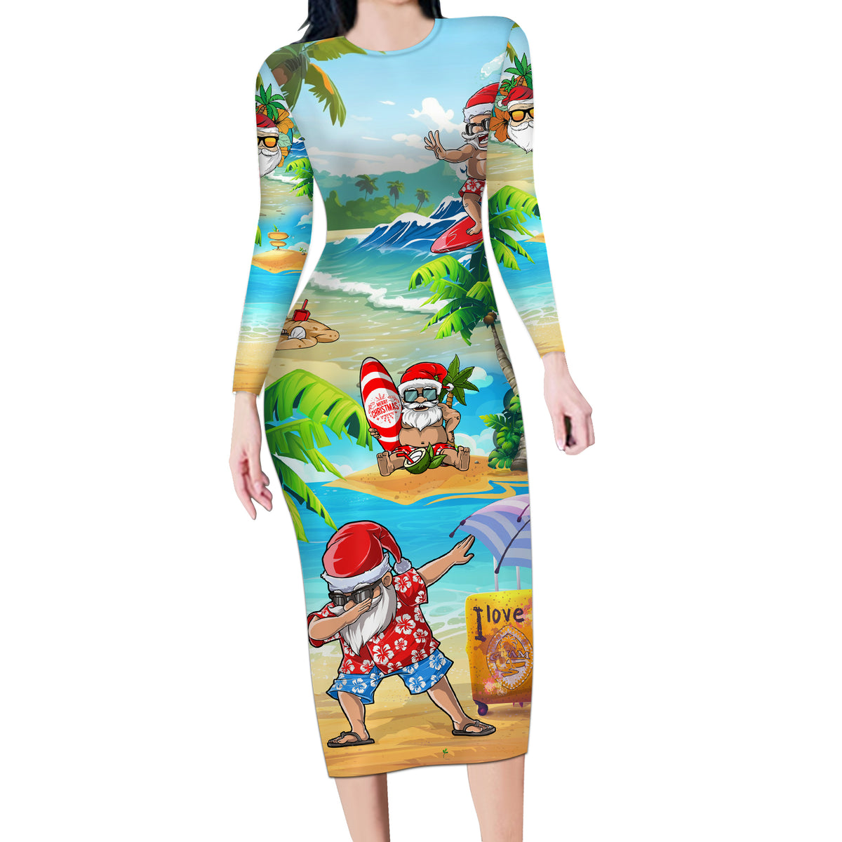 Guam Christmas Long Sleeve Bodycon Dress Santa Claus Beach and Wave DT02 Long Dress Art - Polynesian Pride