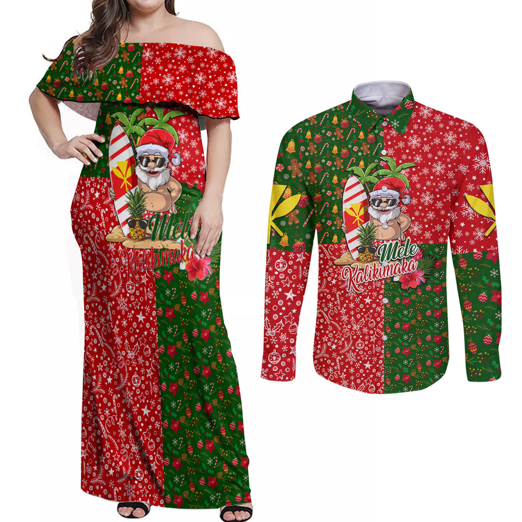 Hawaii Christmas Couples Matching Off Shoulder Maxi Dress and Long Sleeve Button Shirts Mele Kalikimaka Kanaka Maoli DT02 Art - Polynesian Pride