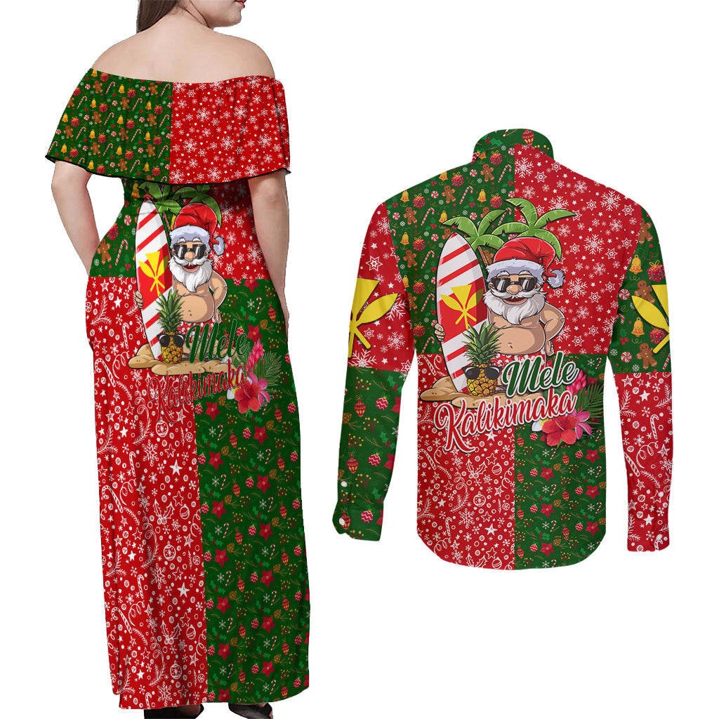 Hawaii Christmas Couples Matching Off Shoulder Maxi Dress and Long Sleeve Button Shirts Mele Kalikimaka Kanaka Maoli DT02 - Polynesian Pride