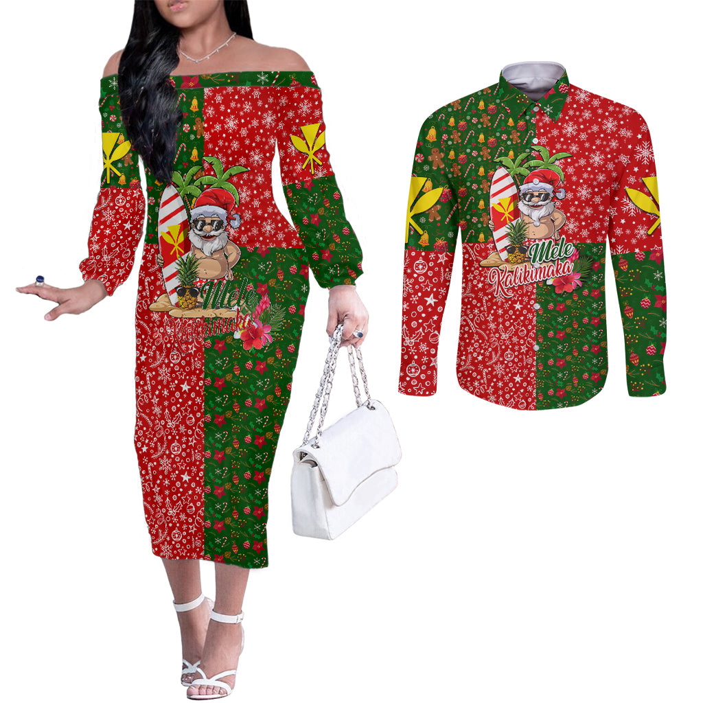 Hawaii Christmas Couples Matching Off The Shoulder Long Sleeve Dress and Long Sleeve Button Shirts Mele Kalikimaka Kanaka Maoli DT02 Art - Polynesian Pride