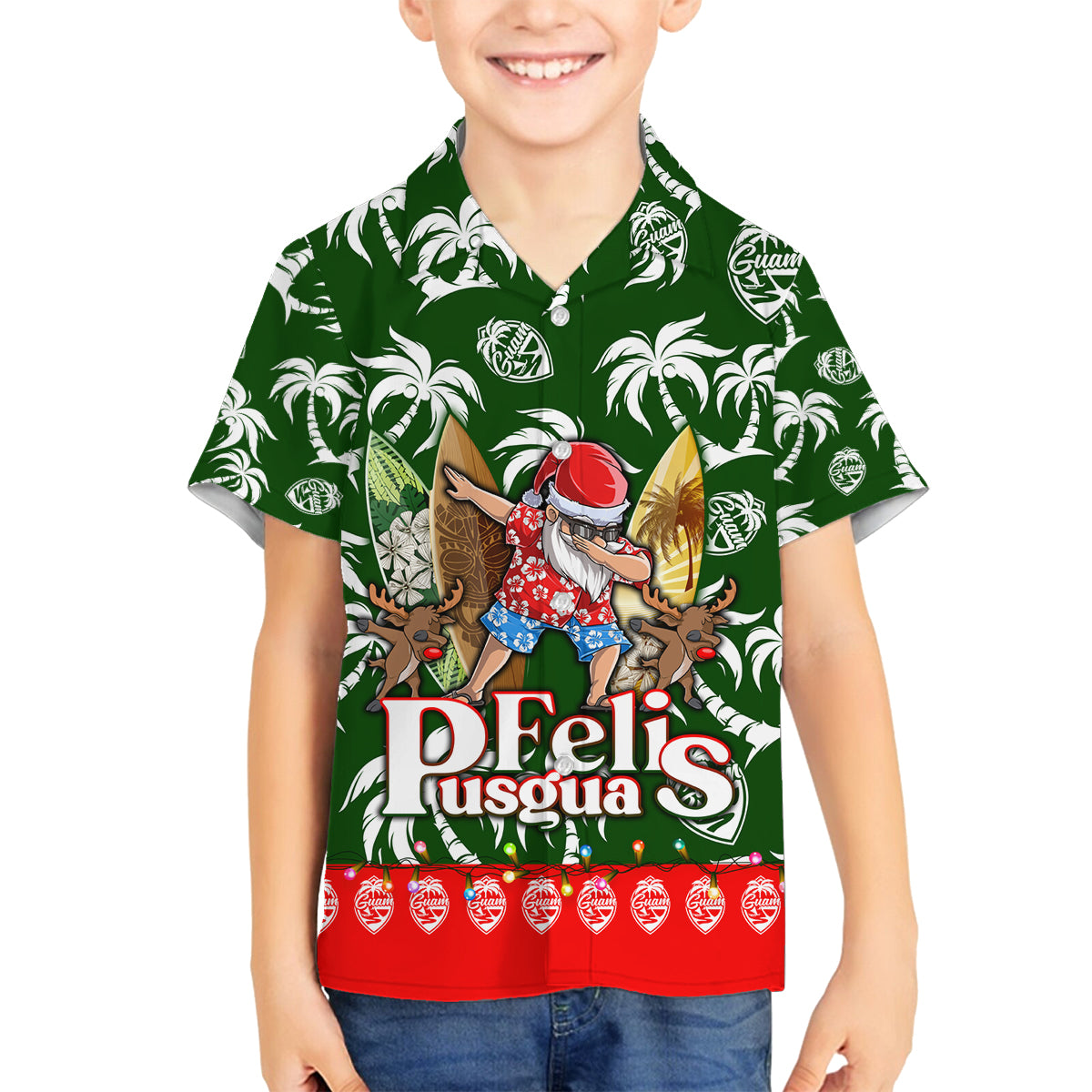 Guam Christmas Family Matching Puletasi Dress and Hawaiian Shirt Felis Pusgua Tropical Xmas Patterns DT02 Son's Shirt Green - Polynesian Pride