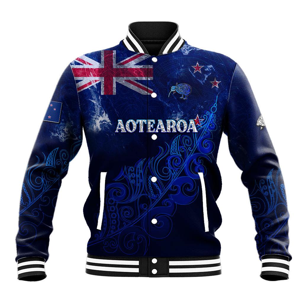 Personalised New Zealand Baseball Jacket Aotearoa Map Silver Fern DT02 Unisex Blue - Polynesian Pride