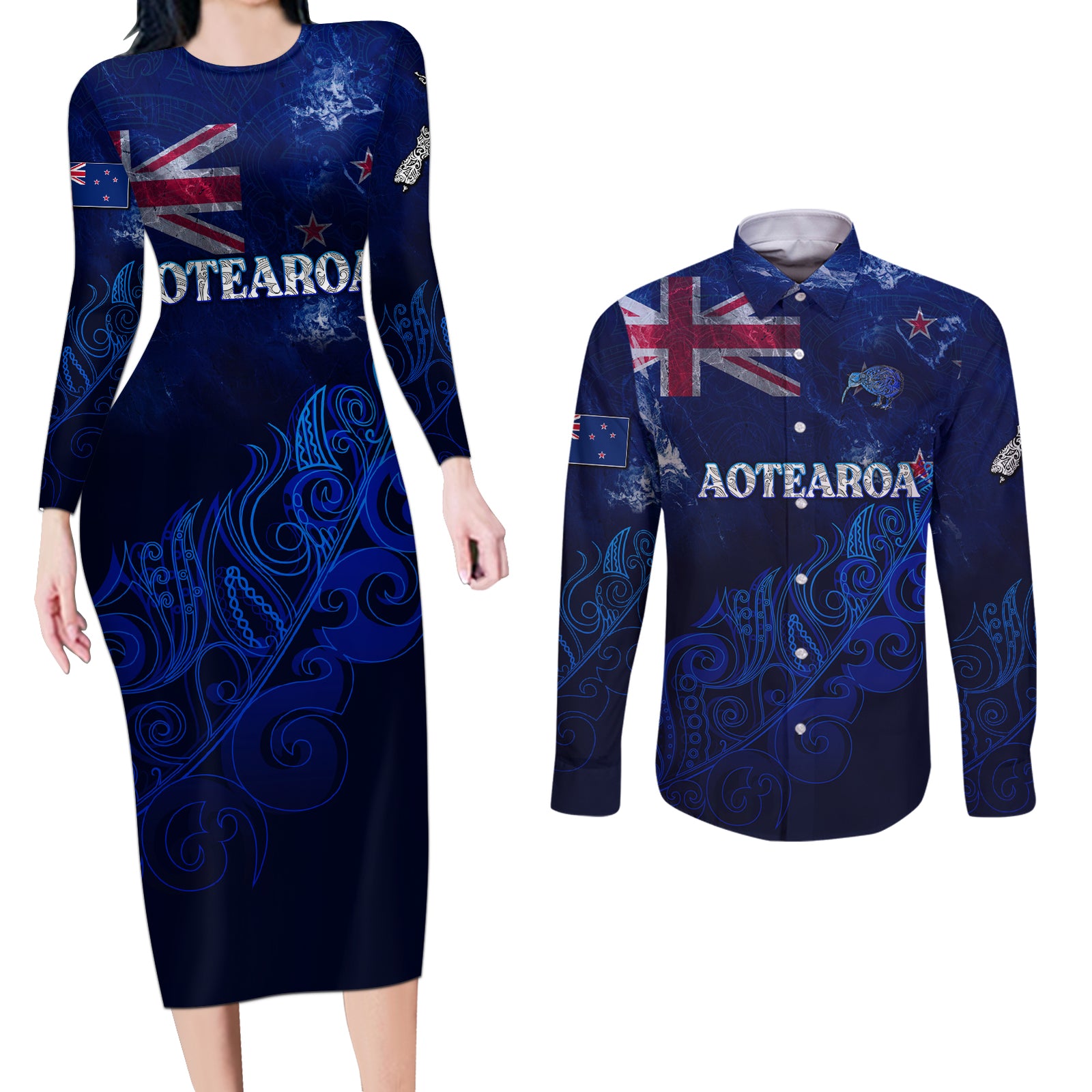 Personalised New Zealand Couples Matching Long Sleeve Bodycon Dress and Long Sleeve Button Shirts Aotearoa Map Silver Fern DT02 Blue - Polynesian Pride
