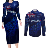 Personalised New Zealand Couples Matching Long Sleeve Bodycon Dress and Long Sleeve Button Shirts Aotearoa Map Silver Fern DT02 Blue - Polynesian Pride