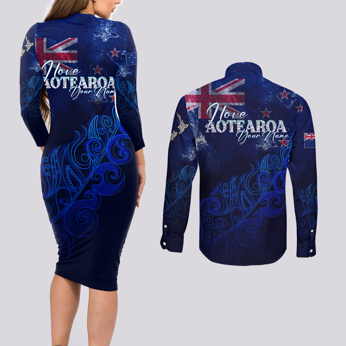Personalised New Zealand Couples Matching Long Sleeve Bodycon Dress and Long Sleeve Button Shirts Aotearoa Map Silver Fern DT02 - Polynesian Pride