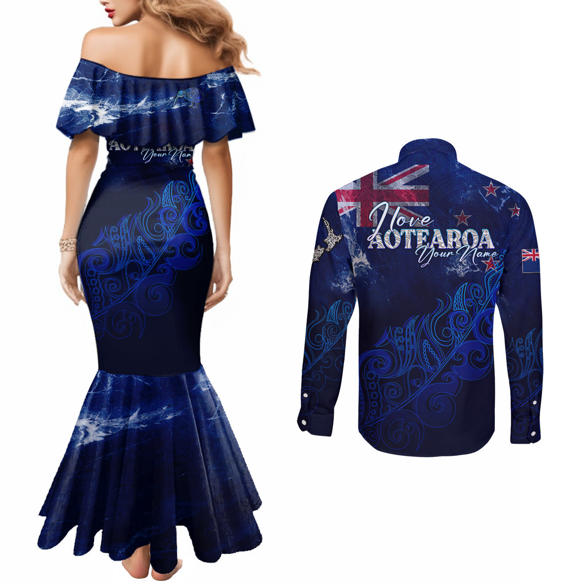Personalised New Zealand Couples Matching Mermaid Dress and Long Sleeve Button Shirts Aotearoa Map Silver Fern DT02 - Polynesian Pride