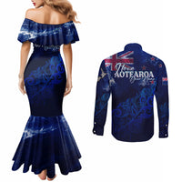 Personalised New Zealand Couples Matching Mermaid Dress and Long Sleeve Button Shirts Aotearoa Map Silver Fern DT02 - Polynesian Pride