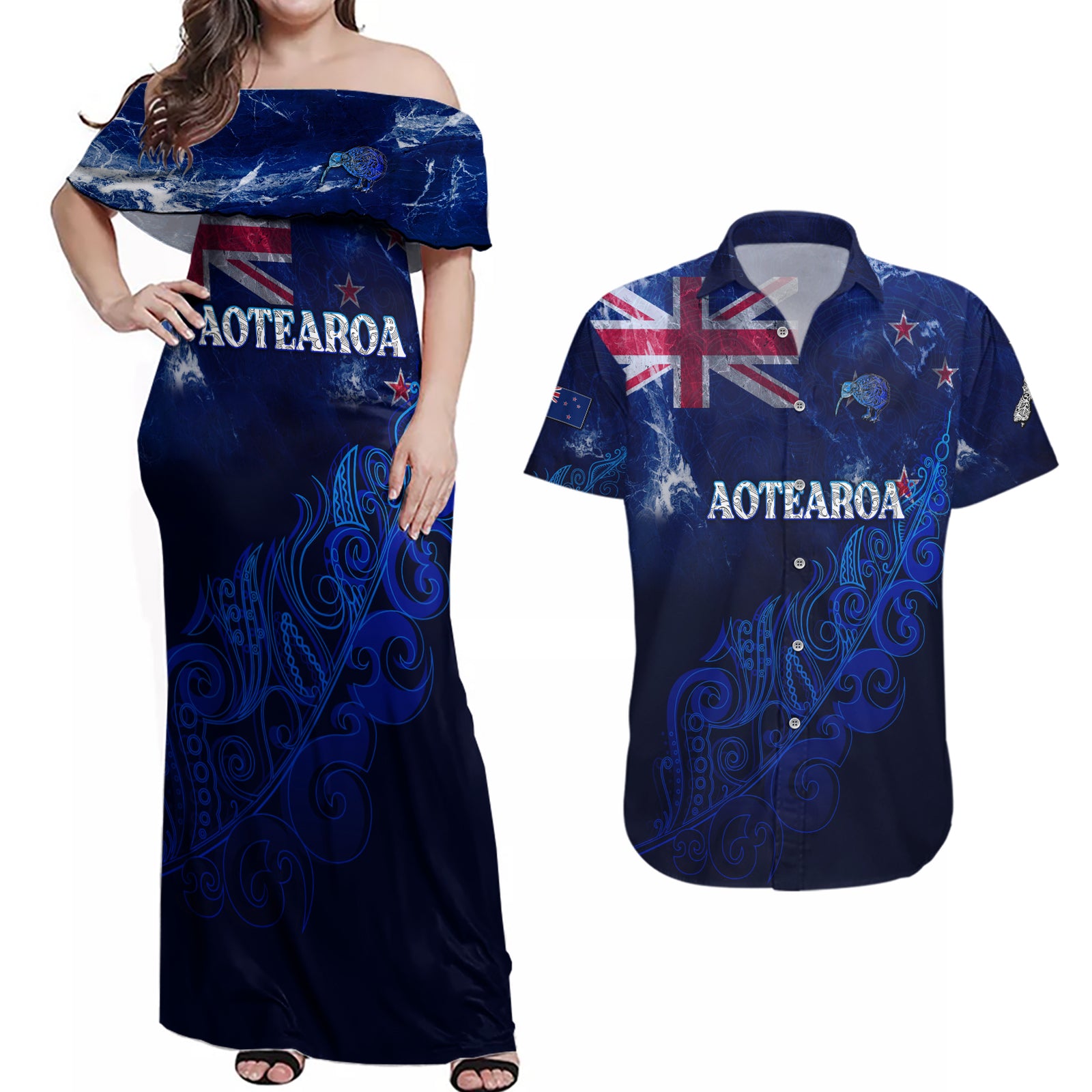 Personalised New Zealand Couples Matching Off Shoulder Maxi Dress and Hawaiian Shirt Aotearoa Map Silver Fern DT02 Blue - Polynesian Pride