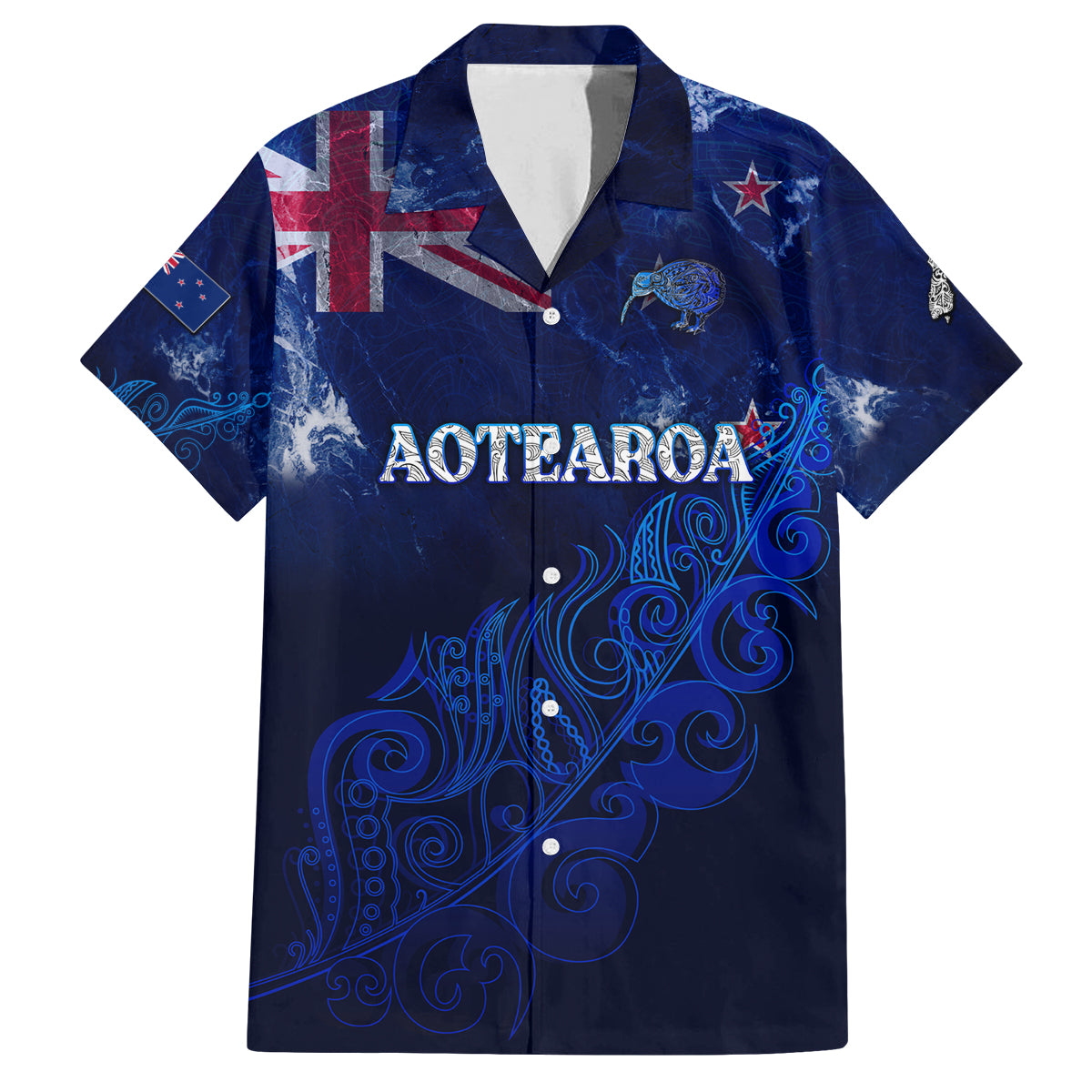 Personalised New Zealand Family Matching Puletasi Dress and Hawaiian Shirt Aotearoa Map Silver Fern DT02 Dad's Shirt - Short Sleeve Blue - Polynesian Pride