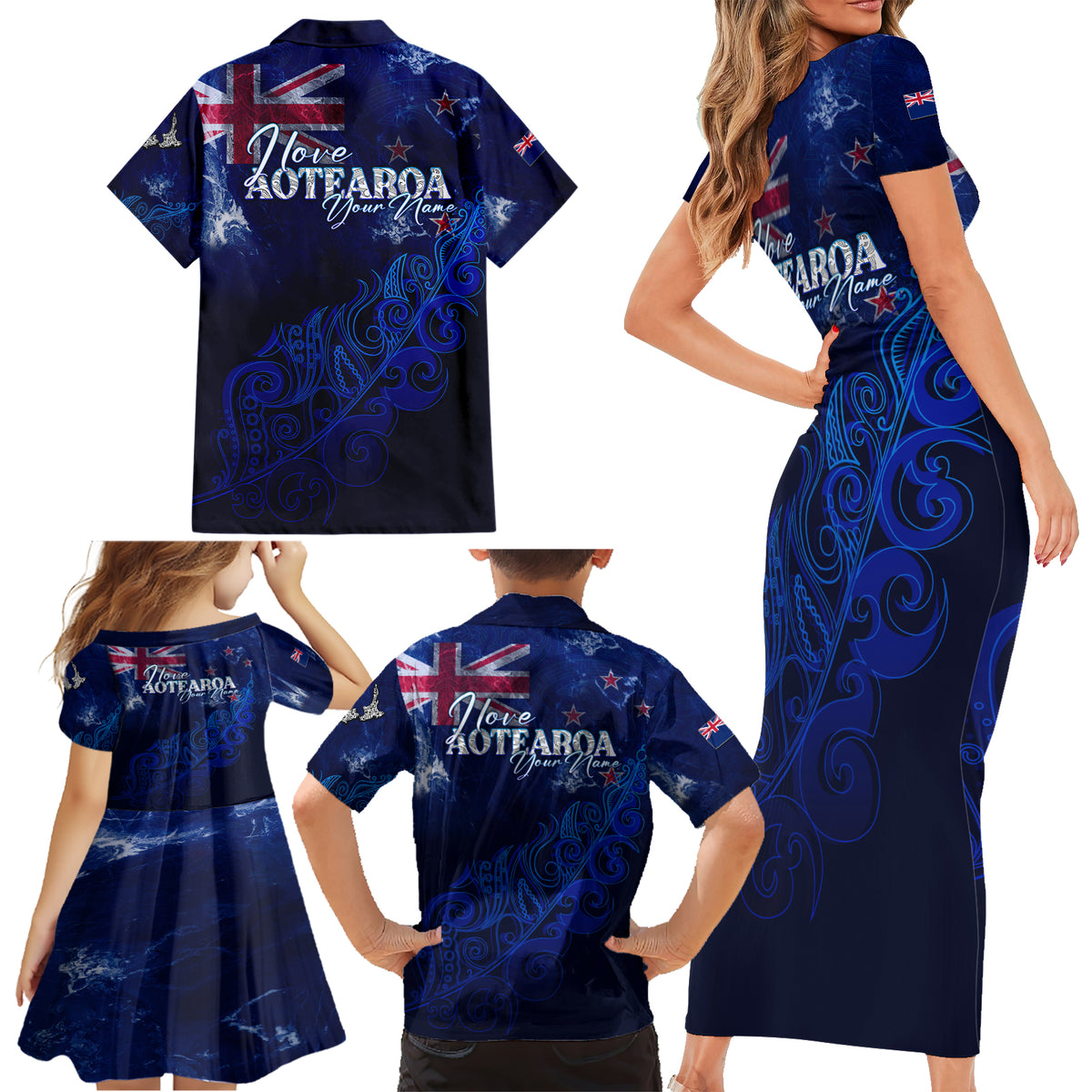 Personalised New Zealand Family Matching Short Sleeve Bodycon Dress and Hawaiian Shirt Aotearoa Map Silver Fern DT02 - Polynesian Pride