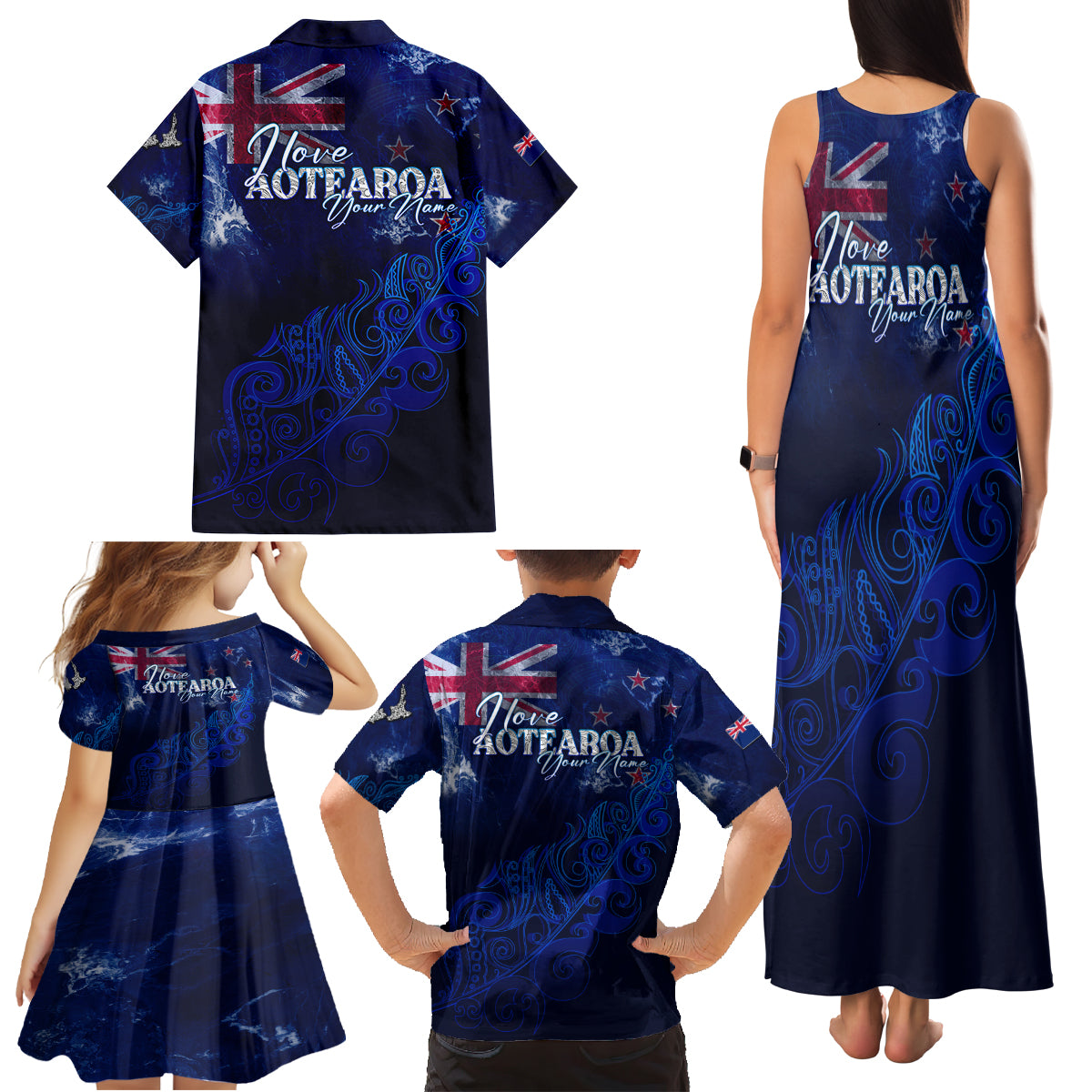 Personalised New Zealand Family Matching Tank Maxi Dress and Hawaiian Shirt Aotearoa Map Silver Fern DT02 - Polynesian Pride