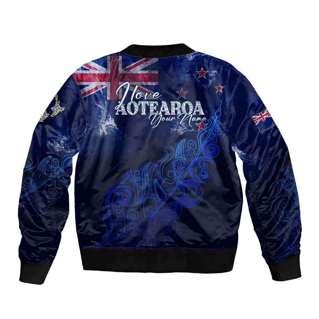 Personalised New Zealand Sleeve Zip Bomber Jacket Aotearoa Map Silver Fern DT02 - Polynesian Pride