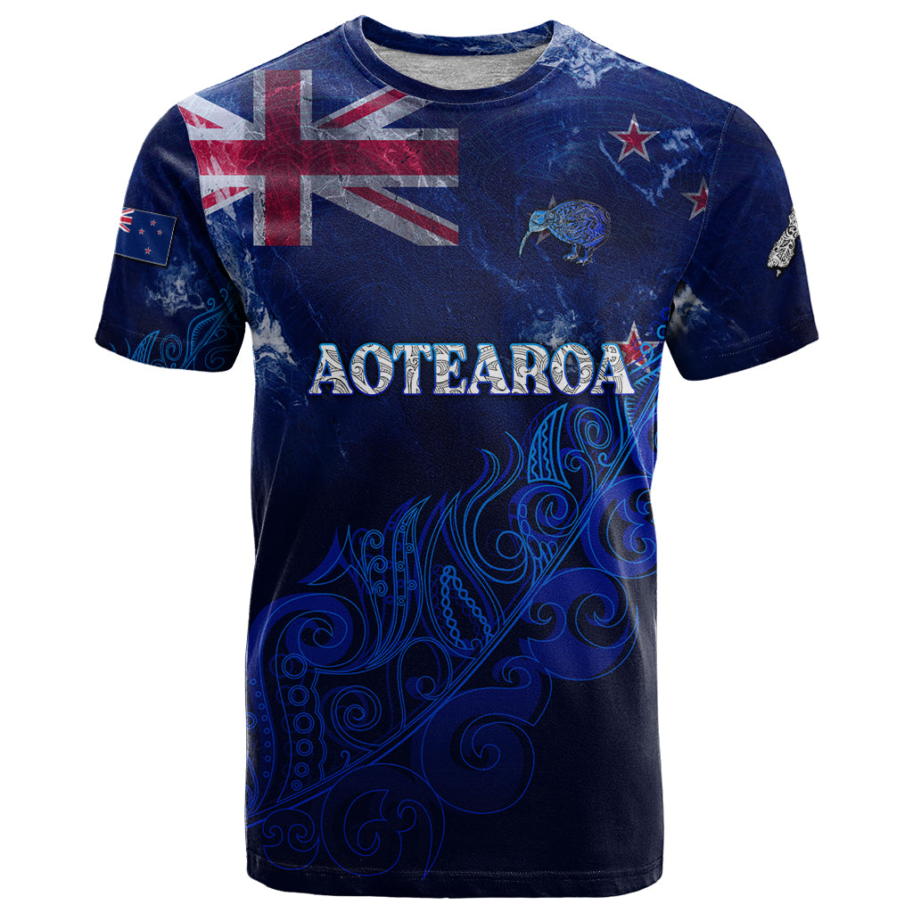 Personalised New Zealand T Shirt Aotearoa Map Silver Fern DT02 Blue - Polynesian Pride