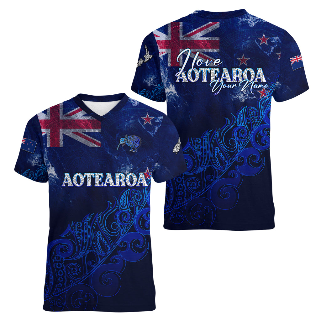 Personalised New Zealand Women V Neck T Shirt Aotearoa Map Silver Fern DT02 - Polynesian Pride