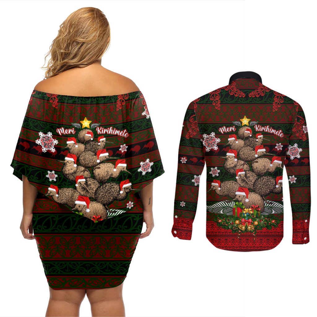 Meri Kirihimete New Zealand Couples Matching Off Shoulder Short Dress and Long Sleeve Button Shirts Christmas Kiwi Maori DT02 - Polynesian Pride