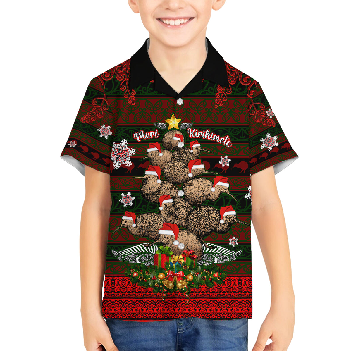 Meri Kirihimete New Zealand Family Matching Long Sleeve Bodycon Dress and Hawaiian Shirt Christmas Kiwi Maori DT02 Son's Shirt Red - Polynesian Pride