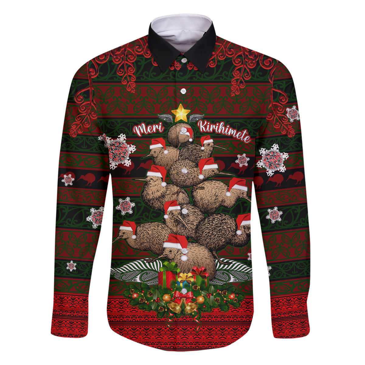 Meri Kirihimete New Zealand Family Matching Mermaid Dress and Hawaiian Shirt Christmas Kiwi Maori DT02 Dad's Shirt - Long Sleeve Red - Polynesian Pride