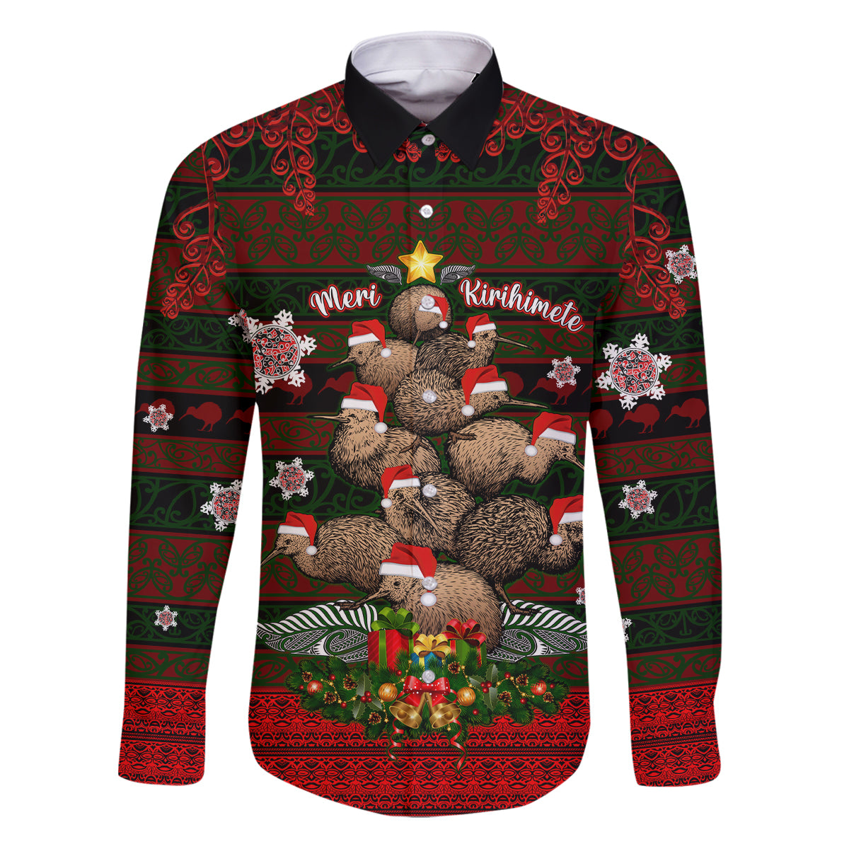 Meri Kirihimete New Zealand Family Matching Puletasi Dress and Hawaiian Shirt Christmas Kiwi Maori DT02 Dad's Shirt - Long Sleeve Red - Polynesian Pride