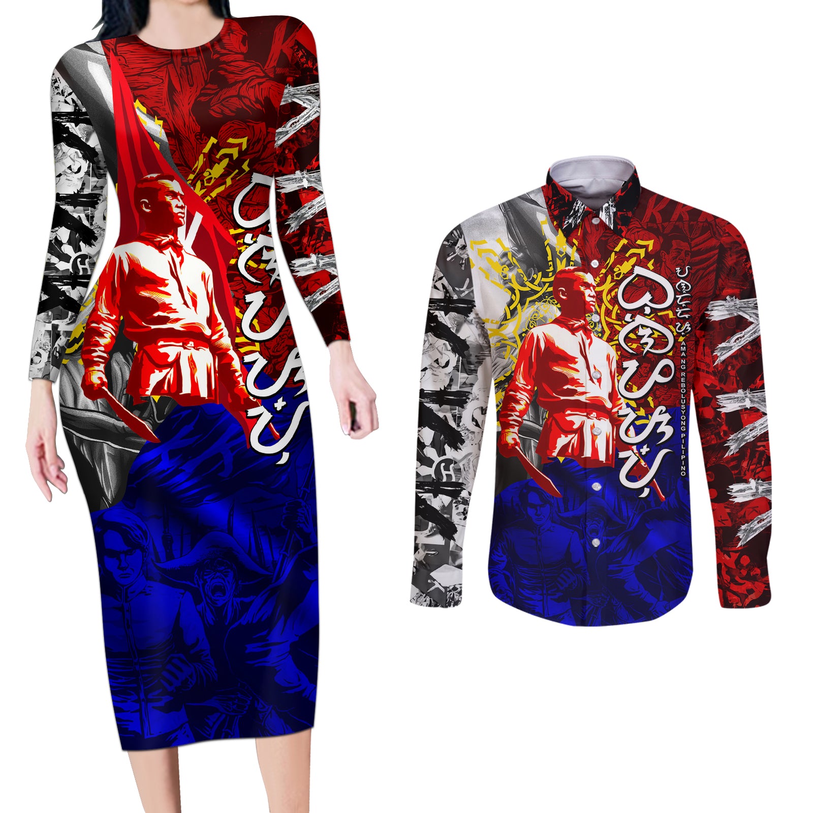 Philippines Bonifacio Day Couples Matching Long Sleeve Bodycon Dress and Long Sleeve Button Shirt DT02 Art - Polynesian Pride