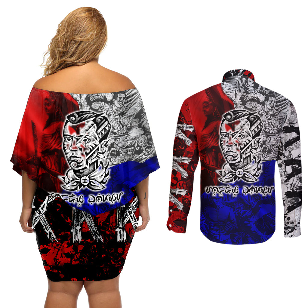 Philippines Bonifacio Day Couples Matching Off Shoulder Short Dress and Long Sleeve Button Shirt DT02 - Polynesian Pride