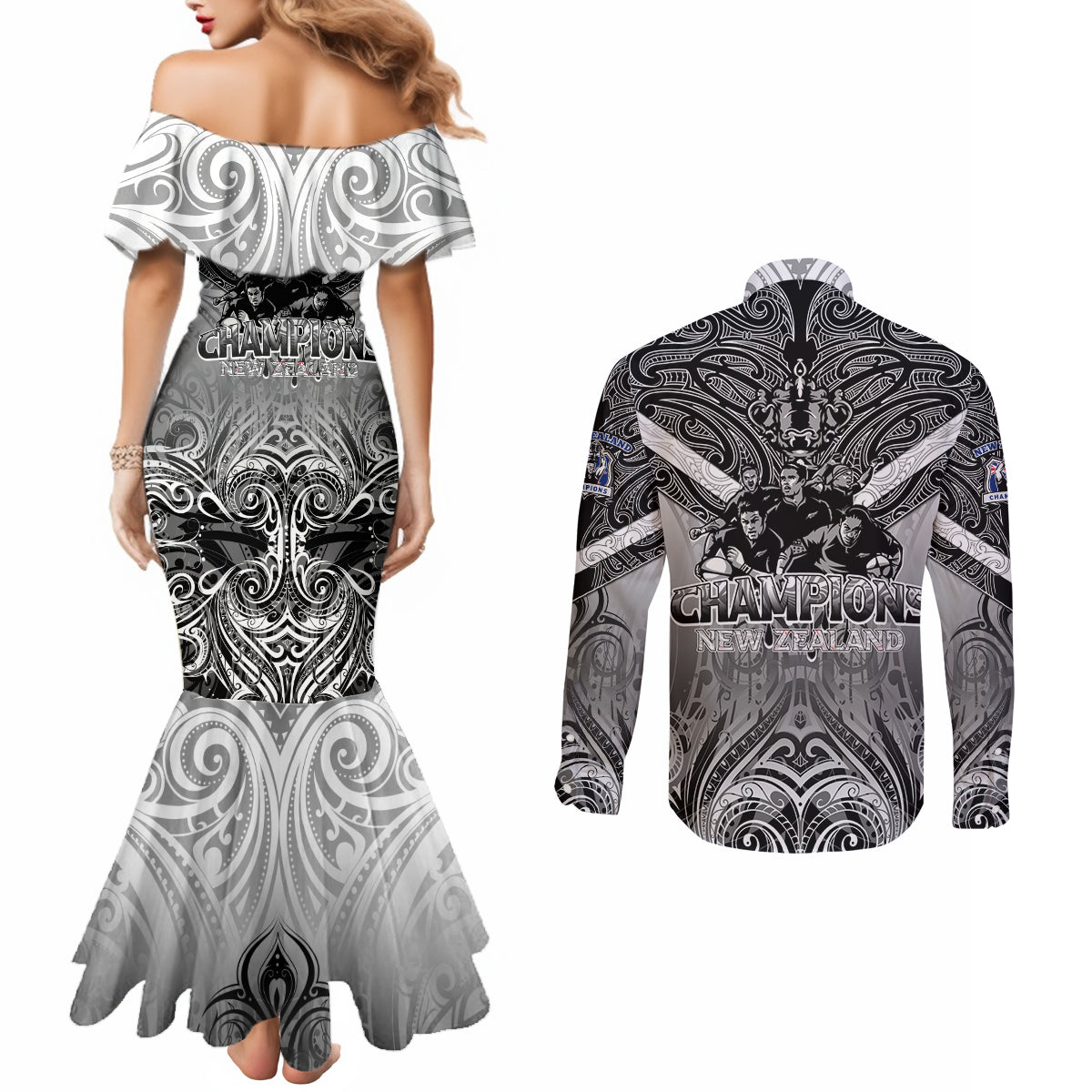 New Zealand Couples Matching Mermaid Dress and Long Sleeve Button Shirt Rugby Aotearoa Champions DT02 - Polynesian Pride