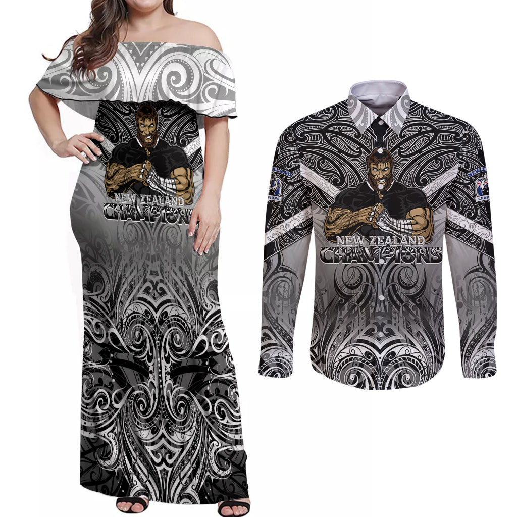 New Zealand Couples Matching Off Shoulder Maxi Dress and Long Sleeve Button Shirt Rugby Aotearoa Champions DT02 Black - Polynesian Pride