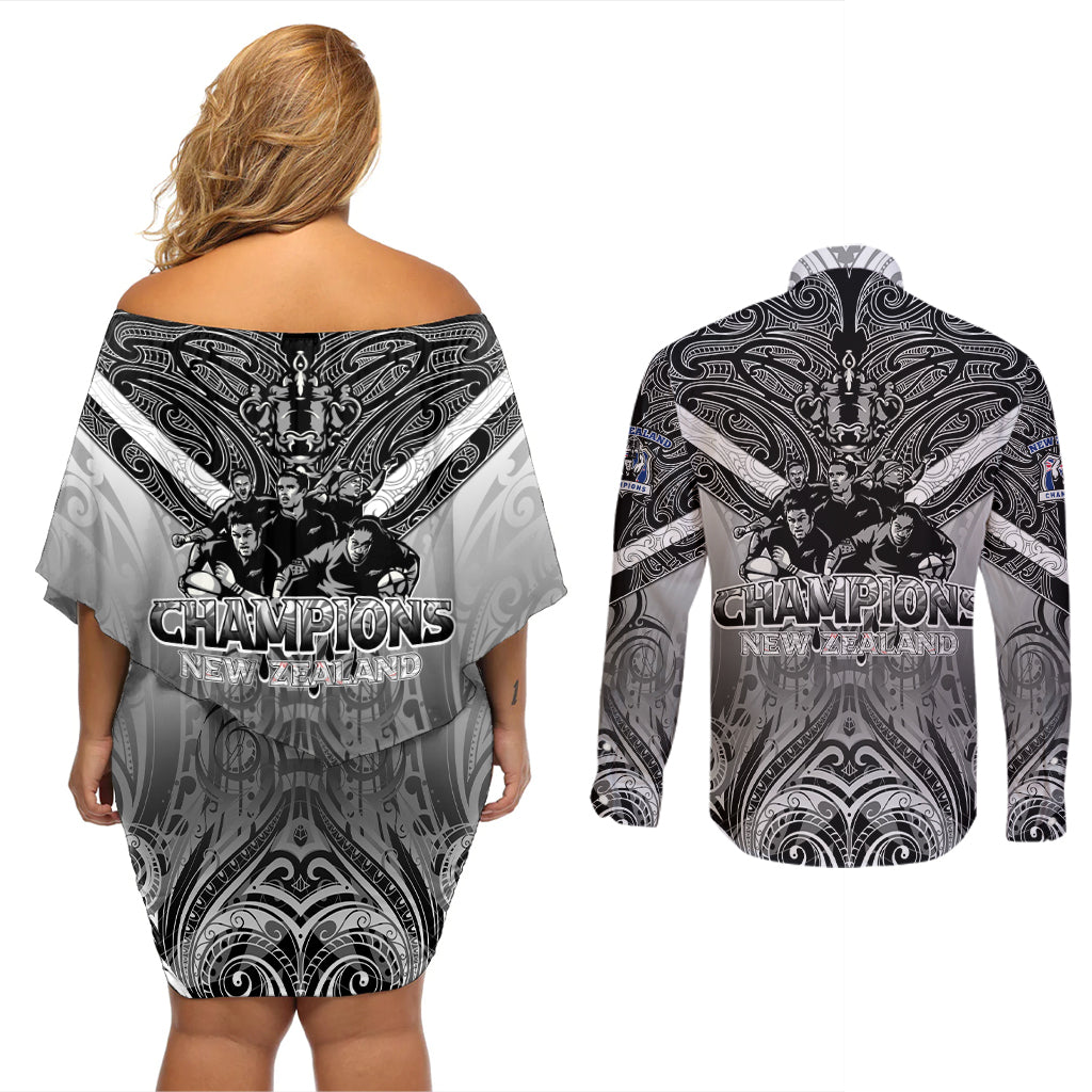 New Zealand Couples Matching Off Shoulder Short Dress and Long Sleeve Button Shirt Rugby Aotearoa Champions DT02 - Polynesian Pride