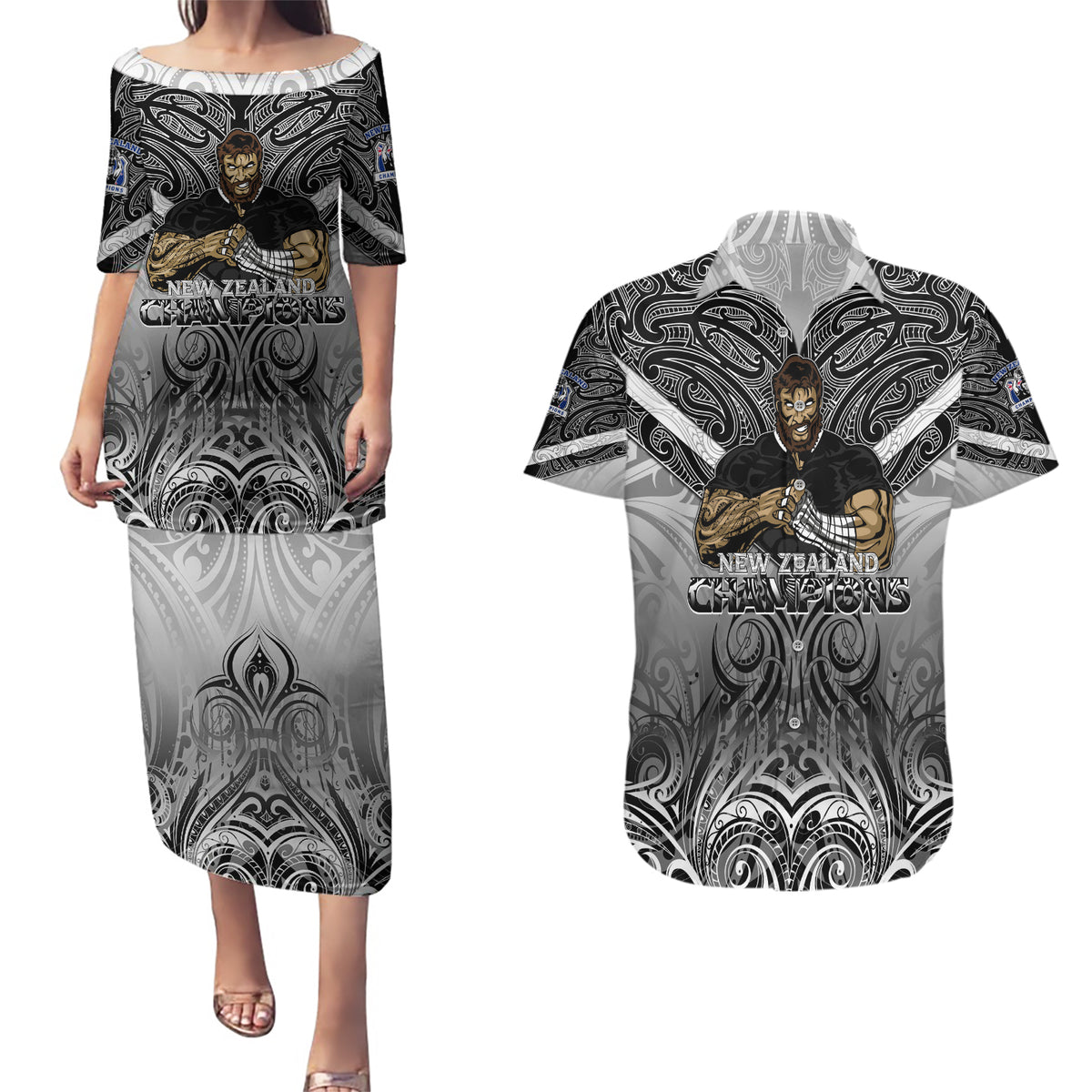 New Zealand Couples Matching Puletasi Dress and Hawaiian Shirt Rugby Aotearoa Champions DT02 Black - Polynesian Pride