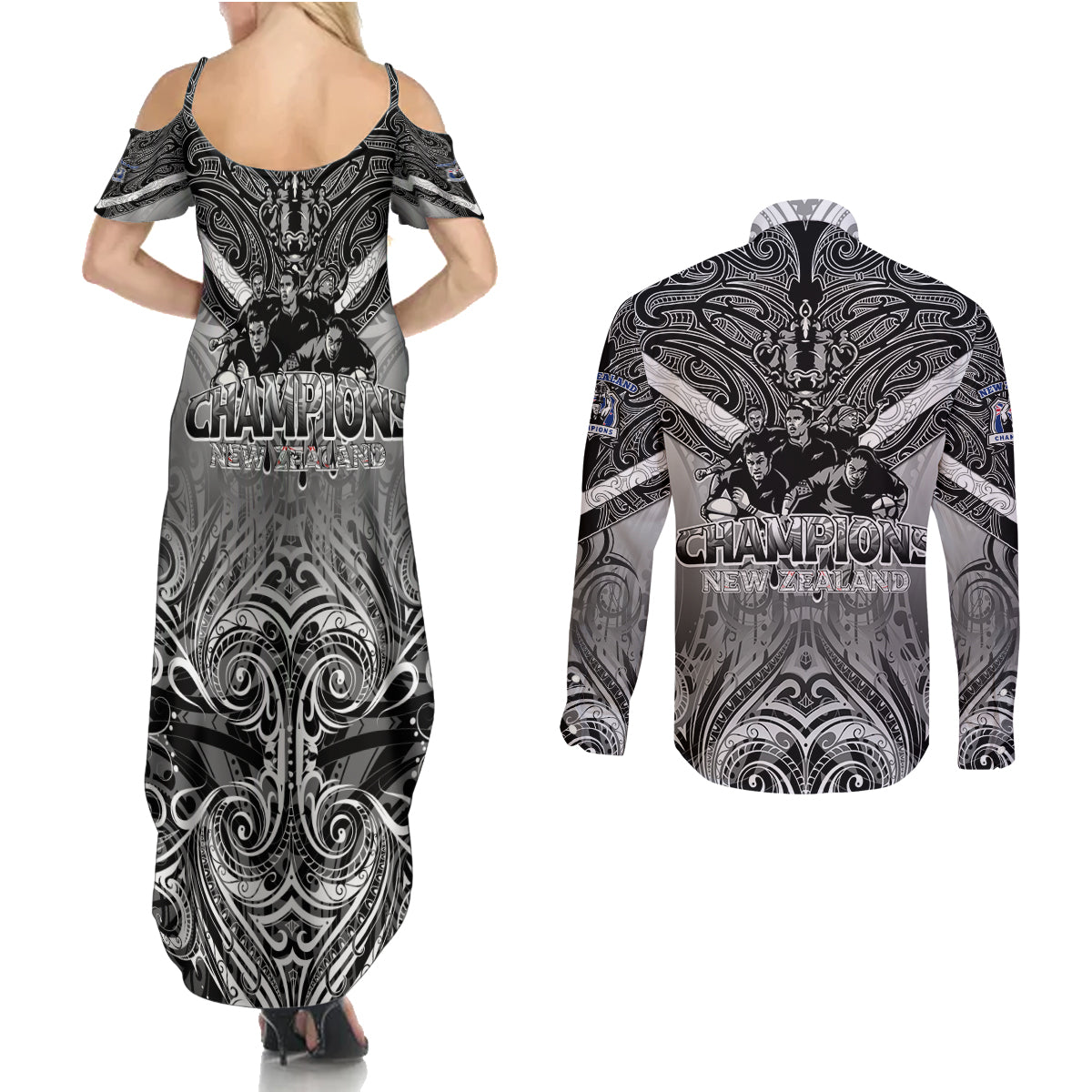 New Zealand Couples Matching Summer Maxi Dress and Long Sleeve Button Shirt Rugby Aotearoa Champions DT02 - Polynesian Pride