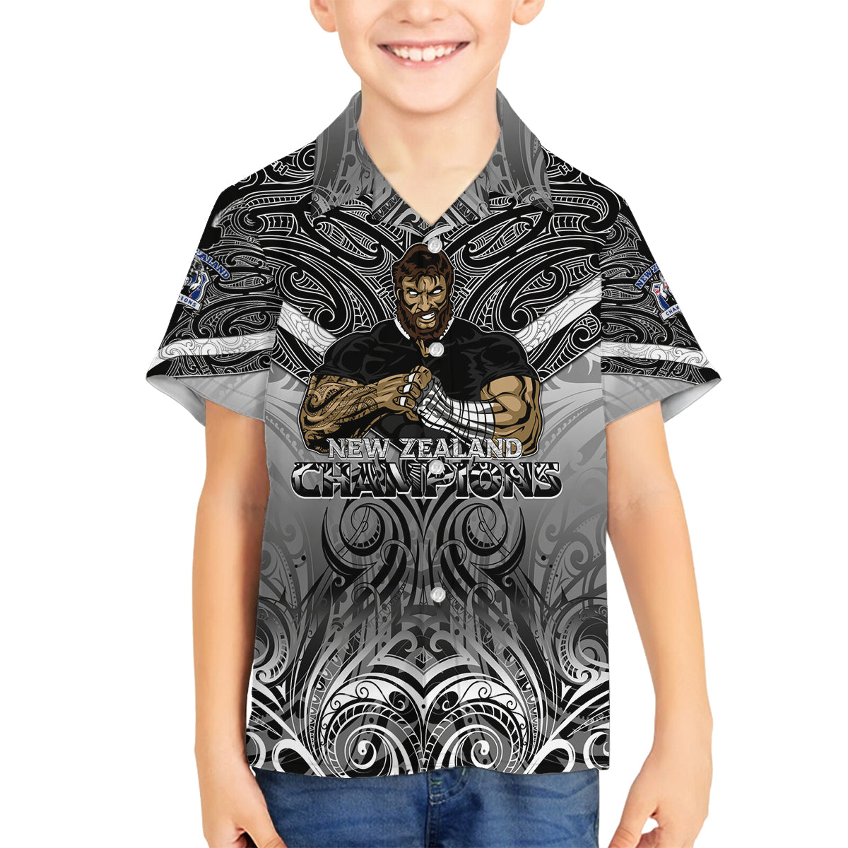 New Zealand Family Matching Puletasi Dress and Hawaiian Shirt Rugby Aotearoa Champions DT02 Son's Shirt Black - Polynesian Pride