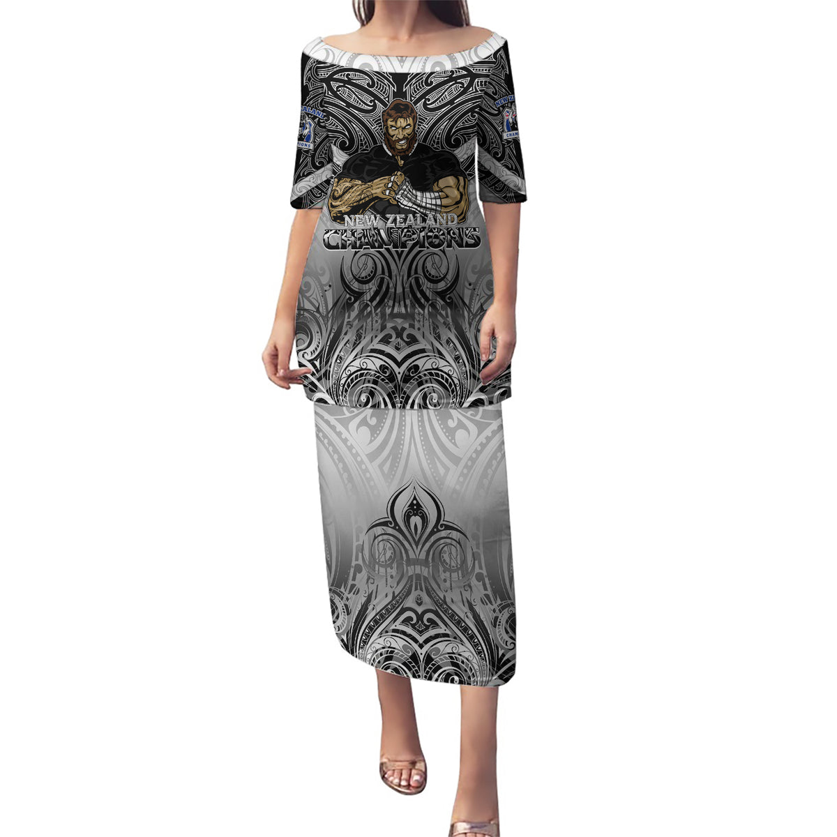 New Zealand Puletasi Rugby Aotearoa Champions DT02 Long Dress Black - Polynesian Pride