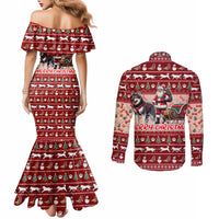 Dog Sled Christmas Couples Matching Mermaid Dress and Long Sleeve Button Shirt Husky Sleigh Ride Design - Polynesian Pride