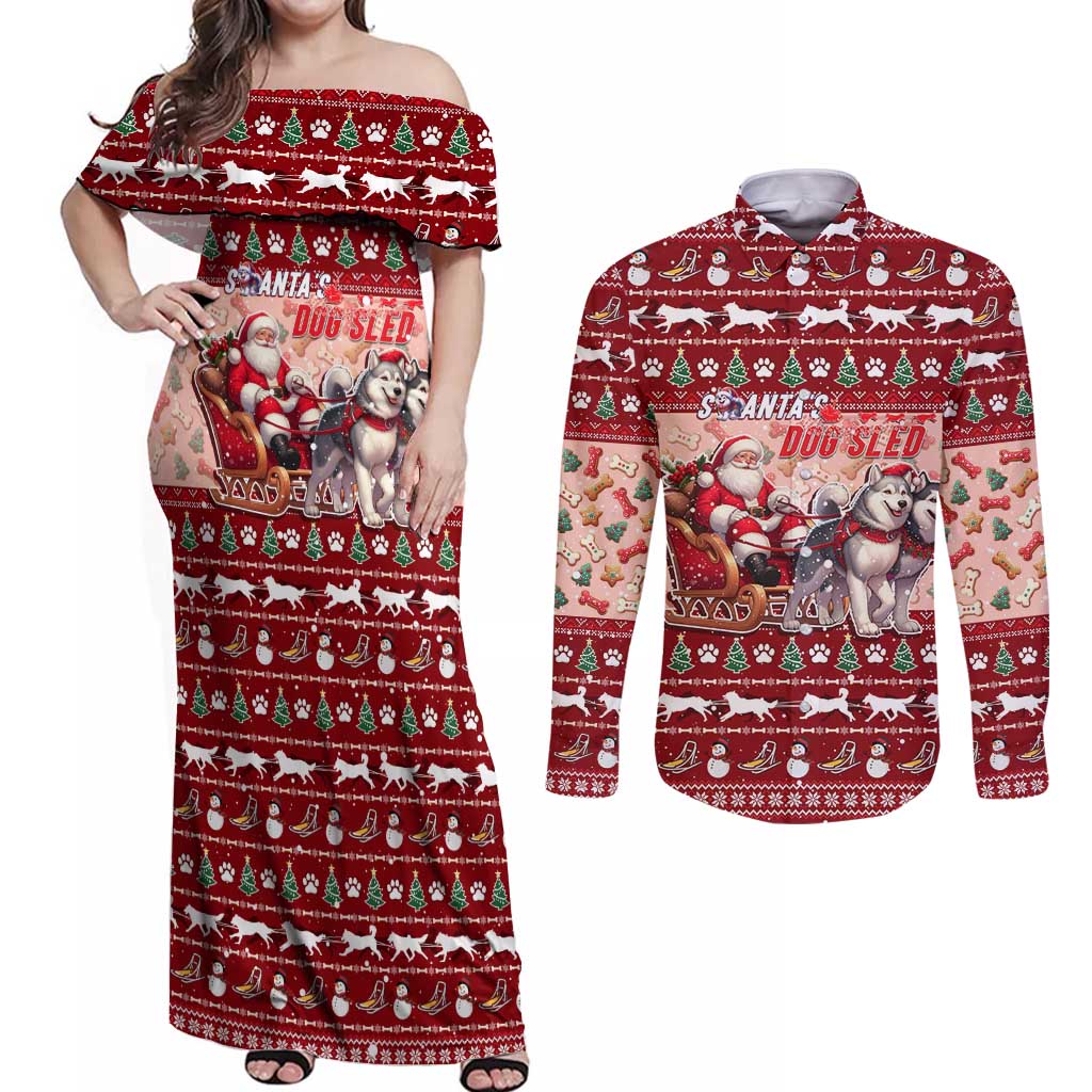 Dog Sled Christmas Couples Matching Off Shoulder Maxi Dress and Long Sleeve Button Shirt Husky Sleigh Ride Design - Polynesian Pride