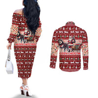 Dog Sled Christmas Couples Matching Off The Shoulder Long Sleeve Dress and Long Sleeve Button Shirt Husky Sleigh Ride Design - Polynesian Pride