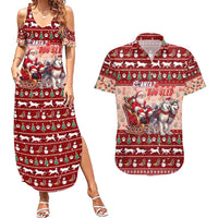 Dog Sled Christmas Couples Matching Summer Maxi Dress and Hawaiian Shirt Husky Sleigh Ride Design - Polynesian Pride