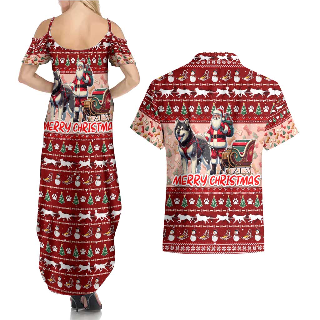 Dog Sled Christmas Couples Matching Summer Maxi Dress and Hawaiian Shirt Husky Sleigh Ride Design - Polynesian Pride