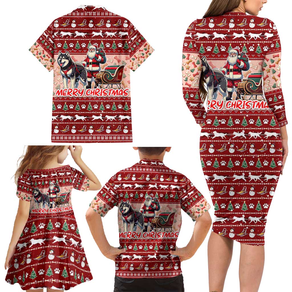 Dog Sled Christmas Family Matching Long Sleeve Bodycon Dress and Hawaiian Shirt Husky Sleigh Ride Design - Polynesian Pride